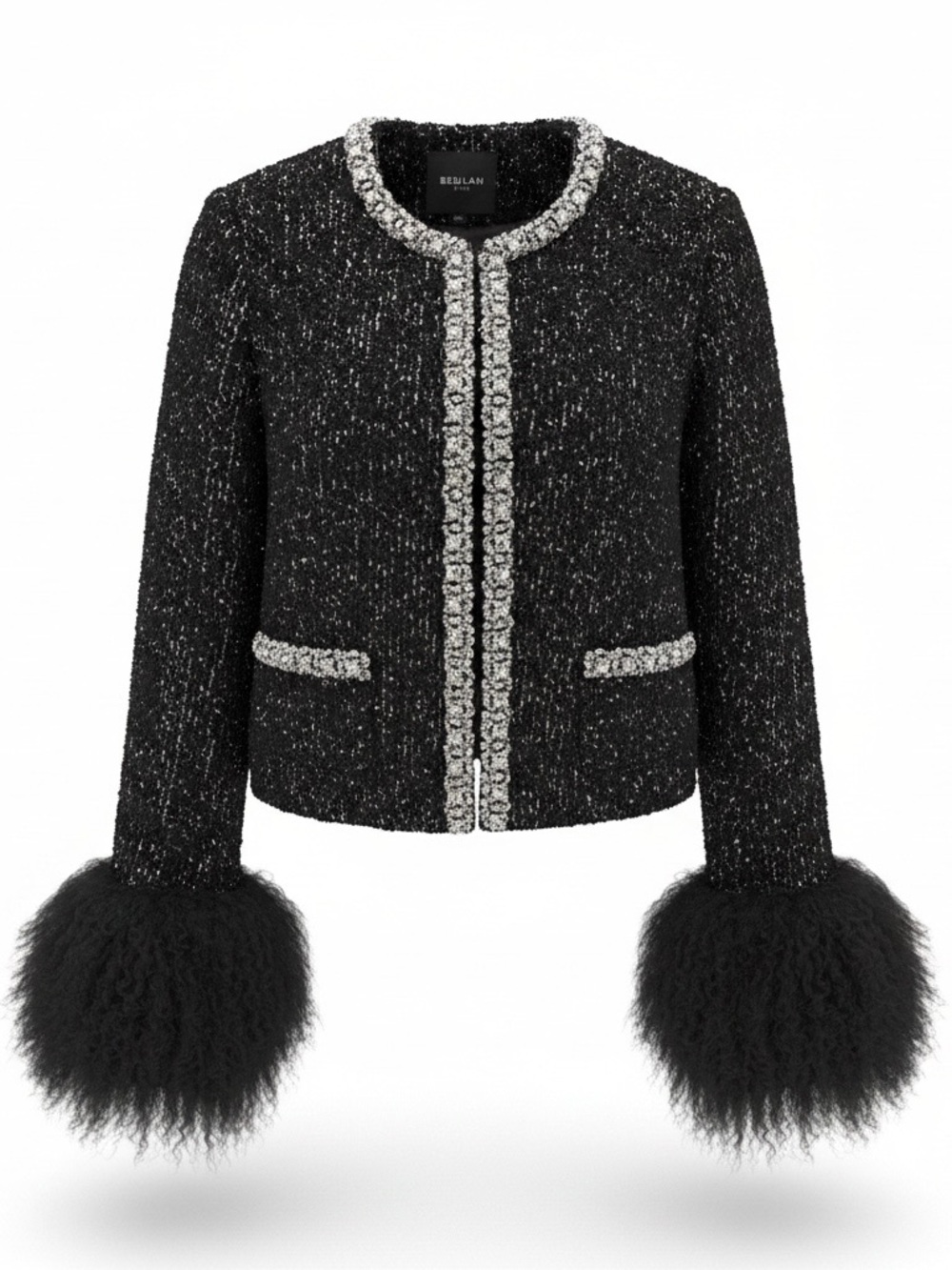Beulah Style Black Tweed Jacket with Crystal Sequin Trim and Mongolian Fur Cuffs